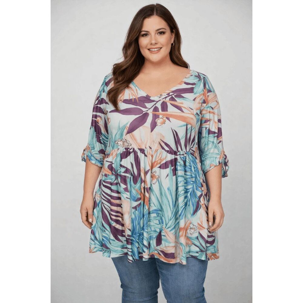 Women's V-neck Short Sleeve Blue Floral Top 2XL